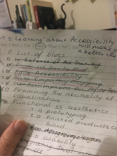 photo of a5 piece of paper with handwritten potential blog titles and several crossed out ("UX Jnr to Mid", "Agile Accessibility", "Data Empathy Mapping", "UX Assumptions Busting for Agile Teams") and some I didn't get around to "Learning Accessibility will Make You A Better Designer" and a series on "Functional vs Aesthetics"